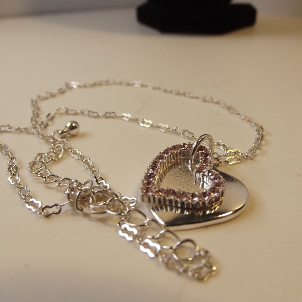 Silver Tone & Pink Rhinestone heart pendant necklace